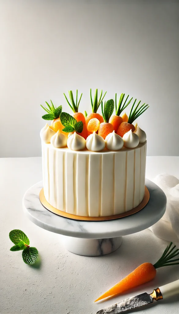 A modern and minimalist carrot cake decorated with a sleek, smooth layer of white cream cheese frosting. The top of the cake is adorned with a simple yet elegant arrangement of candied carrots and fresh mint leaves. The cake is placed on a marble cake stand, and the background is clean and white, focusing all attention on the cake's sophistication and beauty.