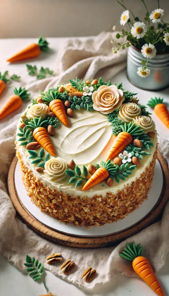 A beautifully decorated carrot cake with a rustic, homemade feel. The cake is covered in smooth cream cheese frosting, with finely chopped nuts sprinkled on the sides. The top features elegant, small carrot-shaped decorations made from orange and green frosting. There are also some edible flowers and leaves around the cake for a fresh, natural look. The setting is a cozy kitchen, with soft natural lighting enhancing the cake's details.