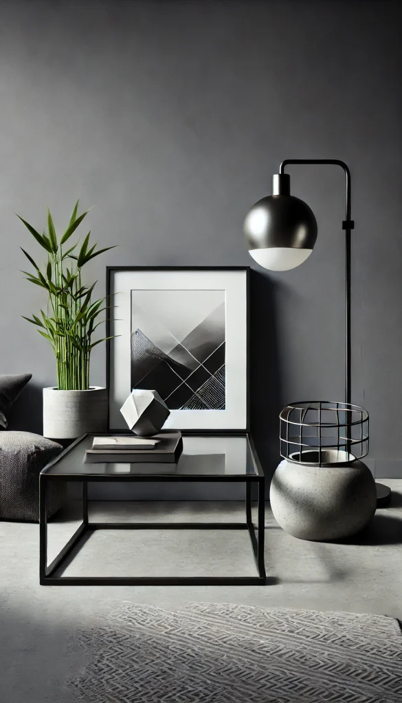 A contemporary side table decor idea with a sleek black metal and glass table, a minimalist black and white framed photograph, a concrete planter with a small bamboo plant, a modern geometric sculpture, and a chrome table lamp with a spherical shade. The background is a dark gray wall with a light gray floor.