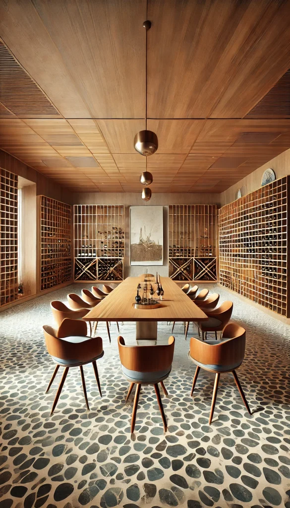 A wine cellar designed with a mid-century modern style. The walls are covered in walnut wood paneling, with sleek, geometric wine racks made of metal. The floor is made of terrazzo tiles in a light, neutral tone. A long, low wooden tasting table with tapered legs sits in the center, surrounded by retro-inspired chairs with curved backs and upholstered seats. The ceiling features recessed lighting along with a few iconic pendant lights that cast a warm, inviting glow. The space is decorated with abstract art pieces and a few potted plants, adding a touch of greenery to the room. The overall look is stylish, nostalgic, and perfect for a mid-century modern enthusiast.