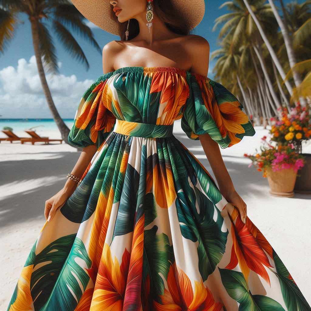 A woman wearing a bright, colorful off-shoulder maxi dress with large tropical leaf prints. She’s accessorized with bold earrings, wedge sandals, and a sunhat. The setting is a tropical beach wedding, with palm trees, clear blue skies, and exotic flowers in the background.