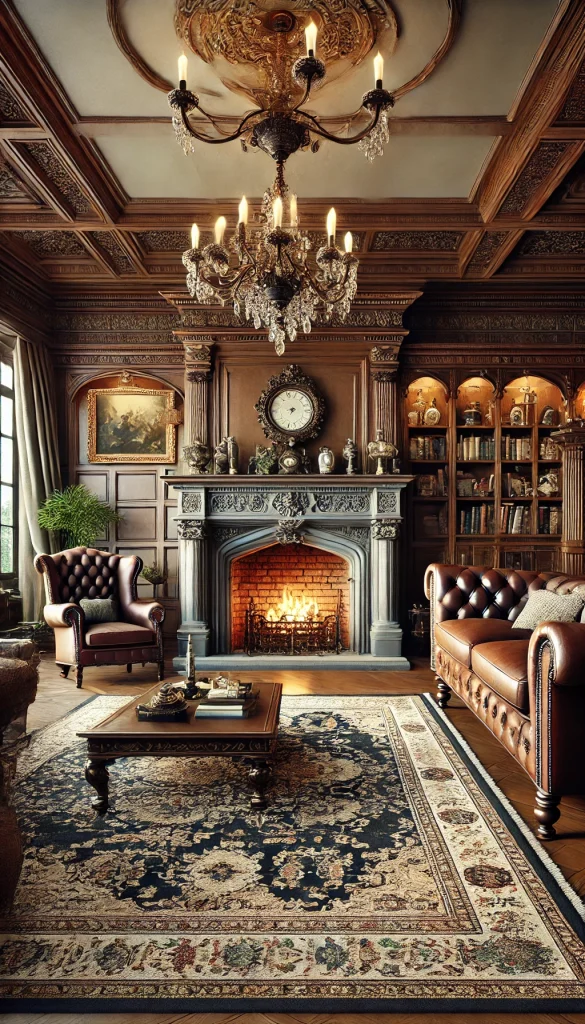 A traditional living room with a grand stone fireplace, ornate woodwork, and classic furniture. The fireplace has a large mantle with elegant decor, including vases and a vintage clock. The room features a leather Chesterfield sofa, wingback chairs, and a Persian rug. A crystal chandelier hangs from the ceiling, and dark wood accents complement the rich, warm color scheme. The overall atmosphere is refined and timeless.
