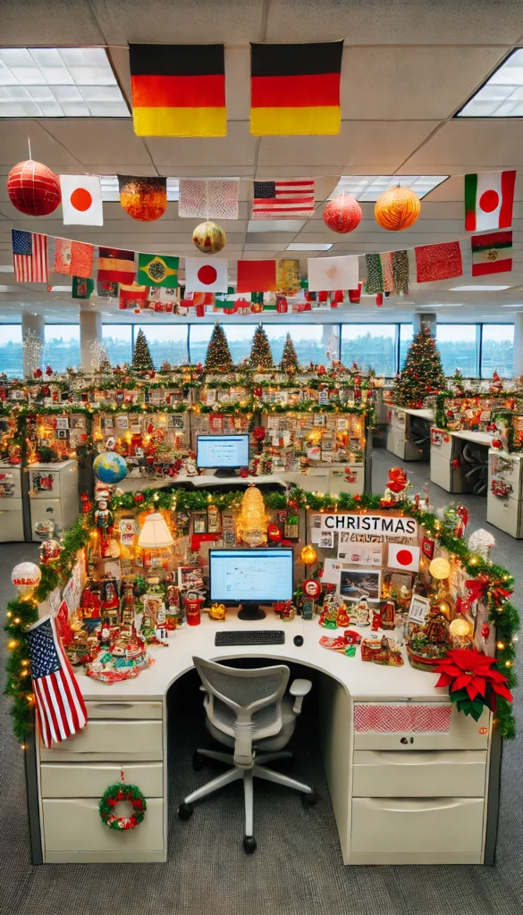 An office decorated with a 'Christmas Around the World' theme for a holiday contest. Different cubicles showcase holiday traditions from various countries, like a German Christmas market cubicle with small nutcrackers, a Japanese desk with origami Christmas decorations, and a Mexican Christmas corner with papel picado banners and poinsettias. Each area has information about the country’s traditions and displays cultural holiday items, and the office is filled with lights, wreaths, and small Christmas trees reflecting global diversity.