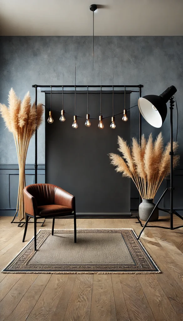 A chic, industrial-style backdrop featuring a dark metal frame with hanging Edison bulbs and dried pampas grass. The setup includes a simple rug and a leather armchair, creating a trendy and modern vibe. Ideal for photoshoots or modern events. Vertical layout, 1024x1792.