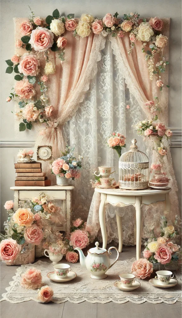 A vintage-inspired backdrop for a tea party with a lace curtain, pastel-colored roses, and antique furniture. The setup includes a small table with vintage teacups, books, and a birdcage filled with flowers. Soft and delicate, ideal for bridal showers or garden tea parties. Vertical layout, 1024x1792.