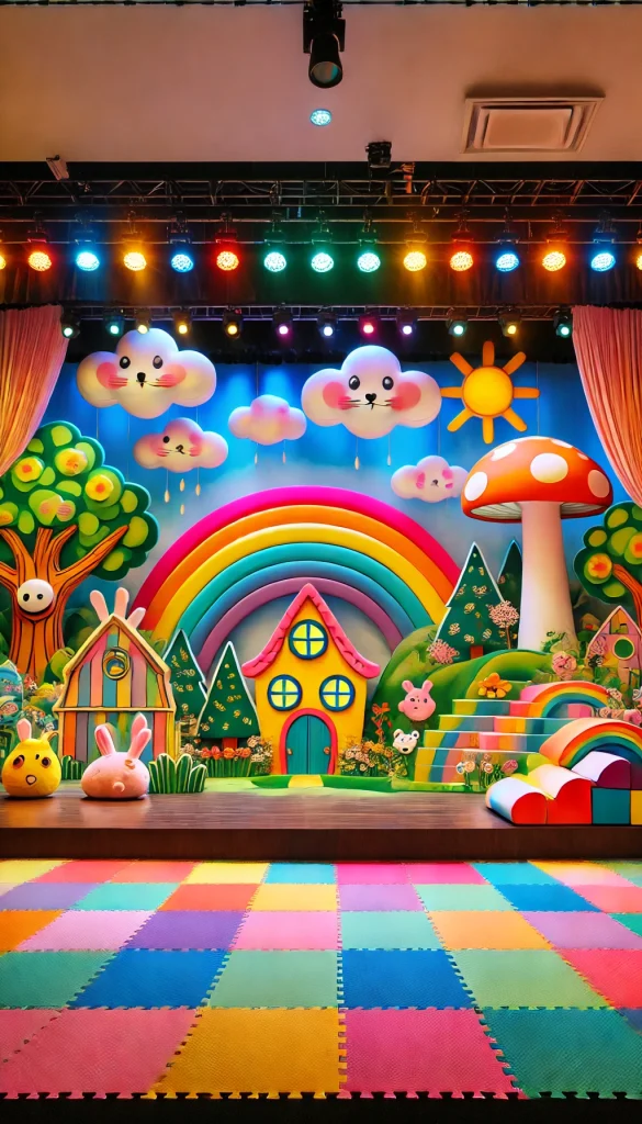 A whimsical stage design for a childrenβs theater production, featuring bright, colorful props and a playful setting. The backdrop is painted with cartoonish trees, clouds, and animals. There are oversized props like a giant mushroom, a storybook house, and a rainbow. The lighting is cheerful, with various pastel colors creating a fun and vibrant atmosphere. The floor is covered in soft, colorful foam tiles.