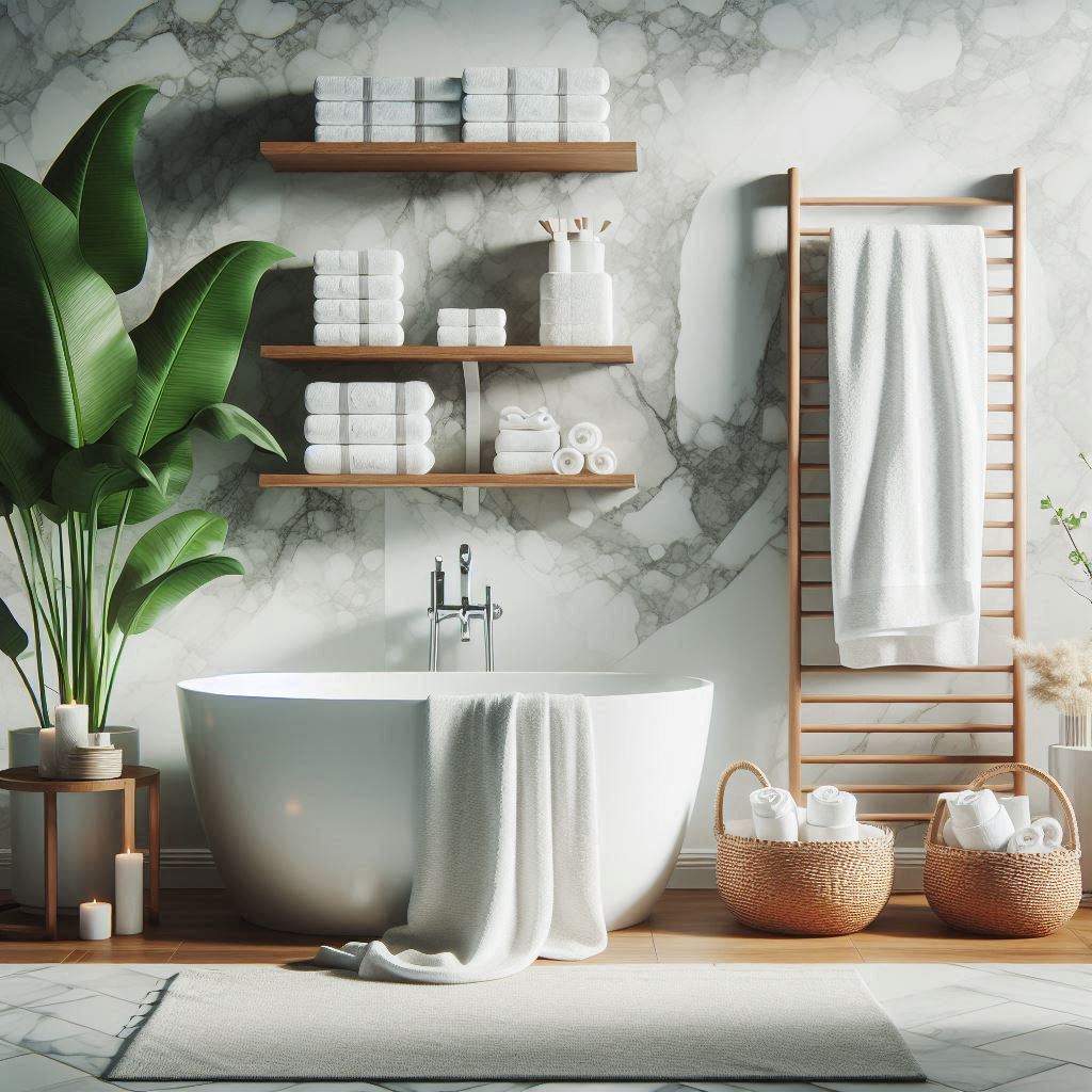 A luxurious, spa-inspired bathroom with white marble tiles and a freestanding tub. Towels are rolled and stacked neatly in an open wooden shelf beside the bathtub. A matching set of towels is elegantly draped over a sleek towel ladder, and some are rolled inside a wicker basket. A large, leafy plant in the corner and small candles around create a relaxing ambiance.