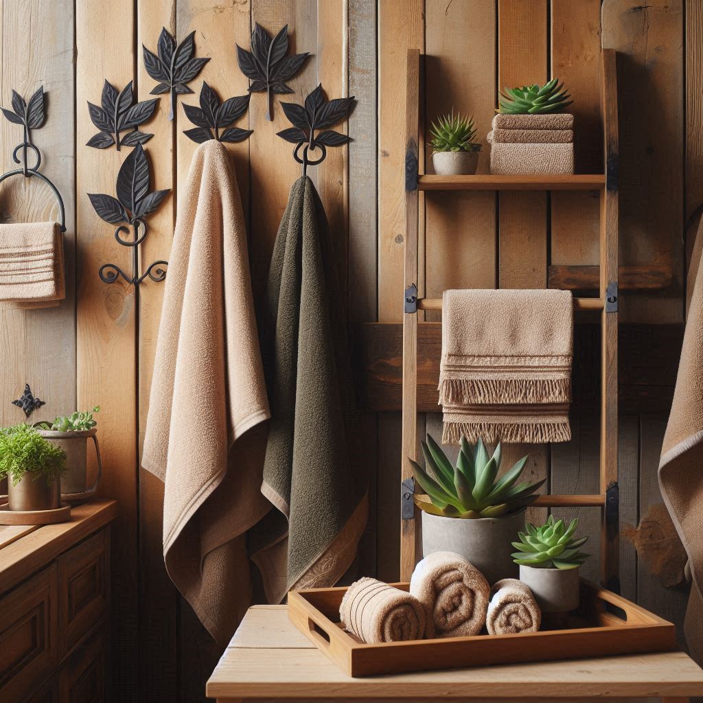 A rustic bathroom with wooden walls and vintage decor elements. Towels are hung on black wrought-iron hooks shaped like leaves. The towels are earth-toned—beige and forest green—and a wooden ladder leaning against the wall holds neatly folded towels. A wooden tray on the countertop displays smaller rolled hand towels next to a few potted succulents.
