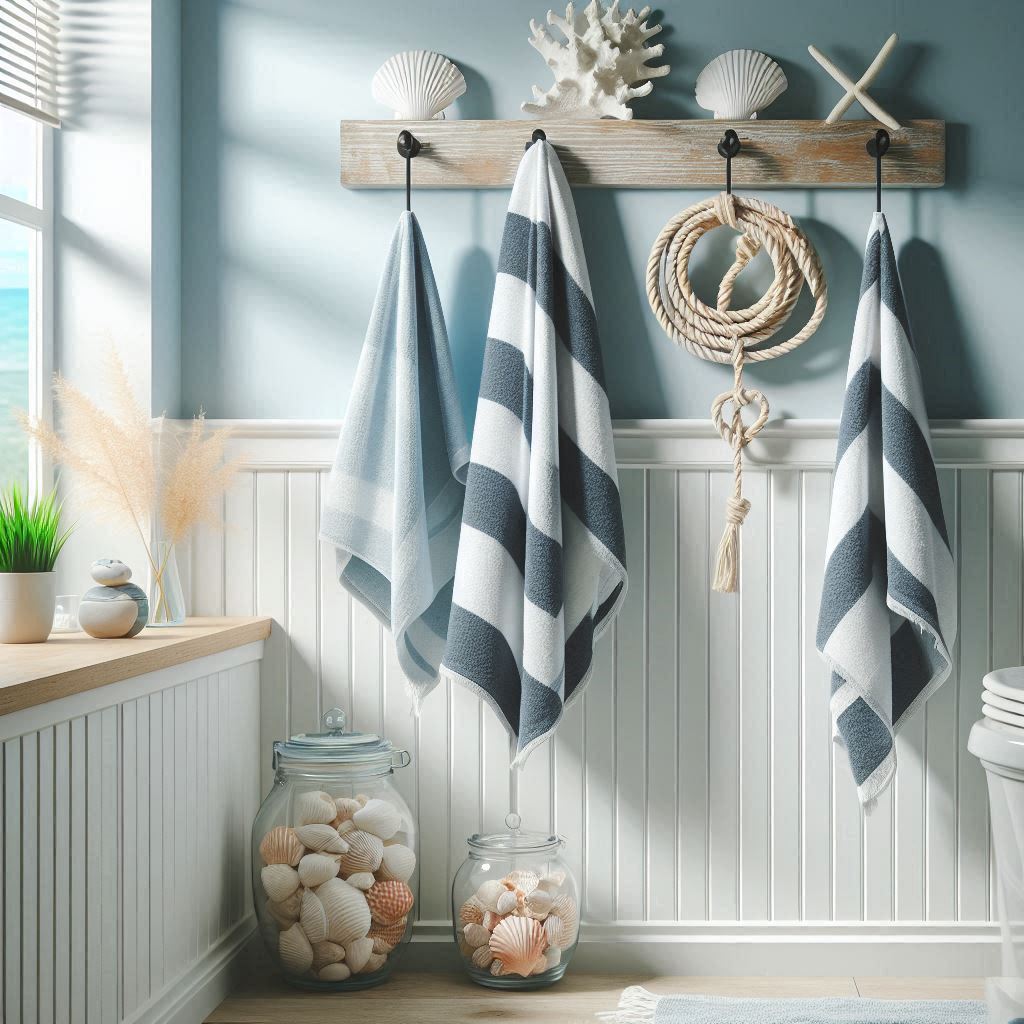 A bright, coastal-inspired bathroom with light blue walls and white beadboard wainscoting. Towels are rolled and placed in an open, white-washed wooden rack attached to the wall. There’s a rope-themed towel ring holding a set of striped navy and white towels next to a glass jar filled with seashells. Natural light streams in, highlighting the beachy feel.