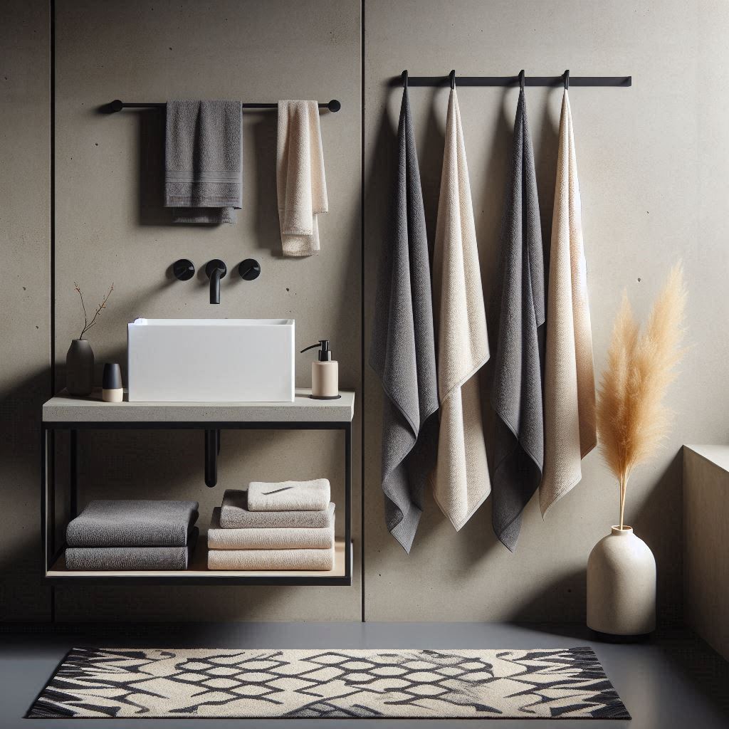 A minimalist bathroom with concrete walls and sleek black fixtures. Towels in shades of gray and white are folded neatly and stacked on an open shelf with black brackets. One towel hangs on a single black hook, with a geometric patterned rug below. A small vase with pampas grass on the sink complements the neutral tones of the towels.