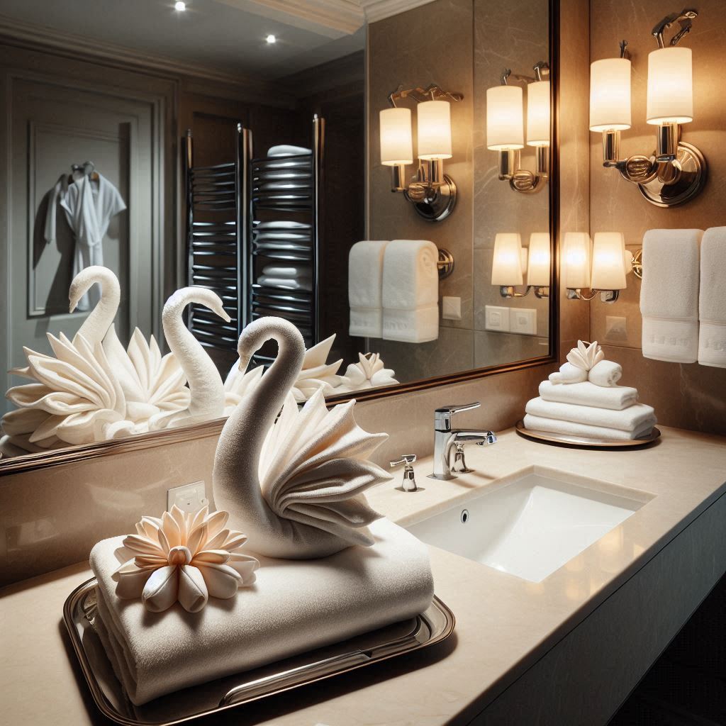 A hotel-inspired bathroom with a large mirror, double sink vanity, and elegant lighting. Towels are folded into intricate shapes, resembling swans and fans, on the countertop. A towel is draped neatly over a heated towel rail, with a stack of fresh towels below it. A small tray holds folded washcloths with a flower accent, creating a polished look.