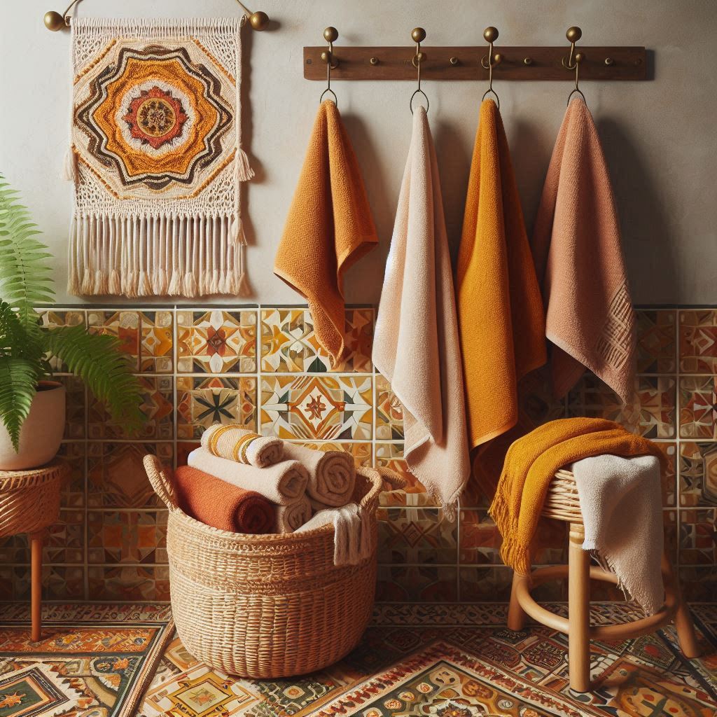 A bohemian-style bathroom with vibrant, patterned floor tiles and a macrame wall hanging. Towels in warm tones—burnt orange, mustard yellow, and off-white—are hung on antique brass hooks. A wicker basket below holds extra rolled towels, while a rattan stool beside it displays a neatly folded towel with a potted fern on top.