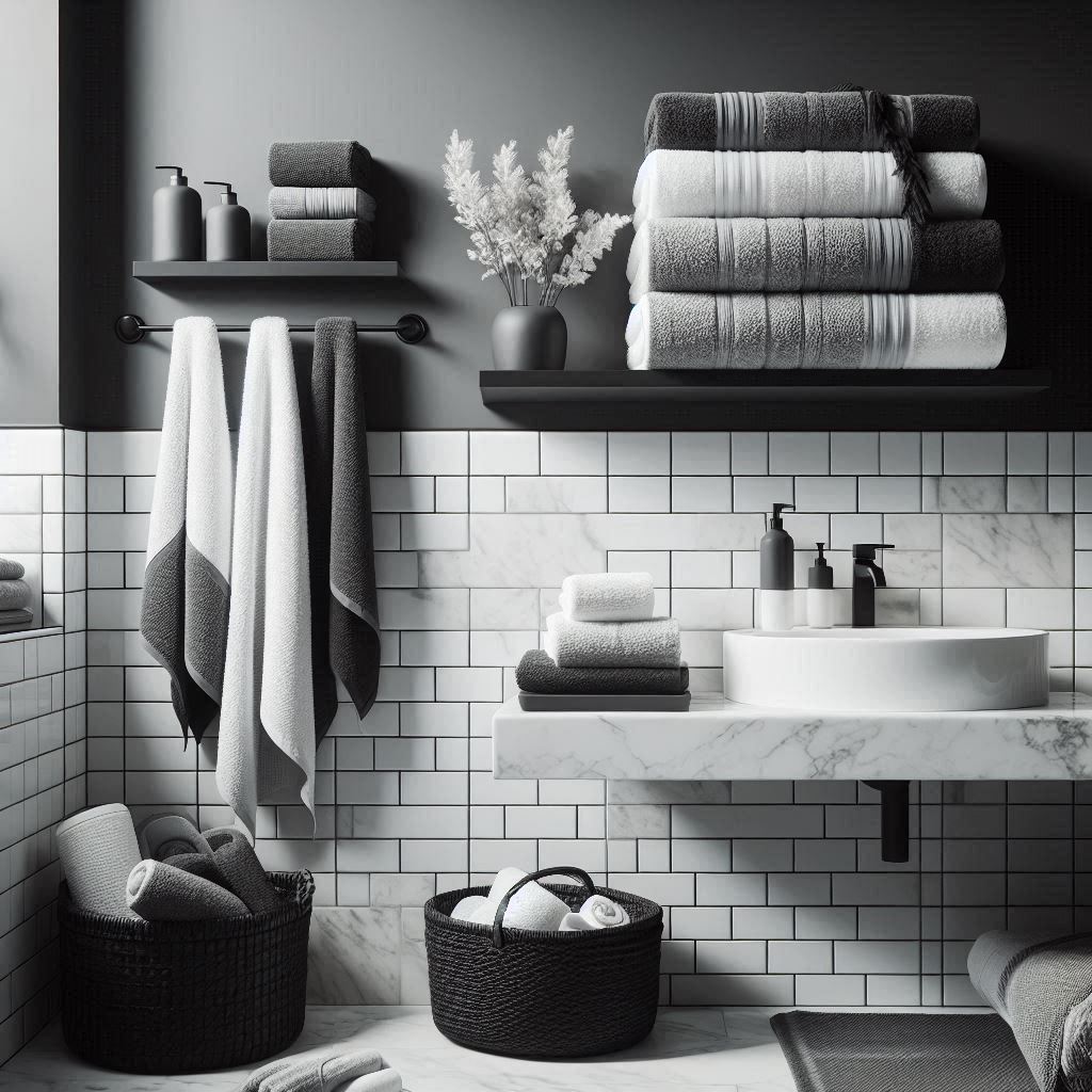 A monochrome bathroom with matte black and white decor. The walls feature white subway tiles, and towels in varying shades of gray and white are artfully folded and placed on a floating black shelf. Rolled towels in a woven black basket sit below a marble countertop, and a set of small, folded hand towels is arranged in a black tray near the sink.