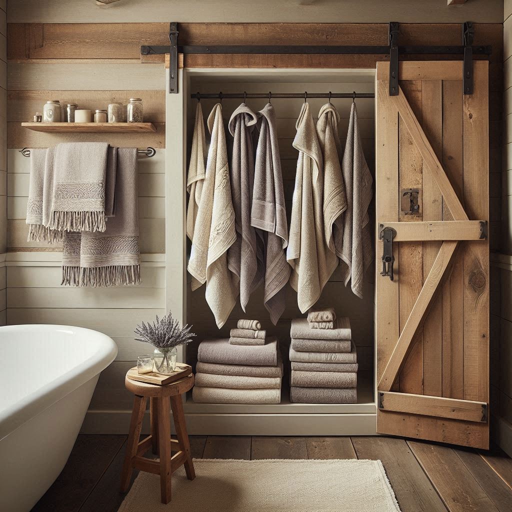 A farmhouse-style bathroom with shiplap walls and a sliding barn door. Towels in muted colors—beige, gray, and cream—are folded and placed in a rustic open cabinet. A large wooden towel rack, styled like a barn door, holds neatly hung towels. A vintage stool beside the tub has small, rolled hand towels with a mason jar full of lavender flowers.