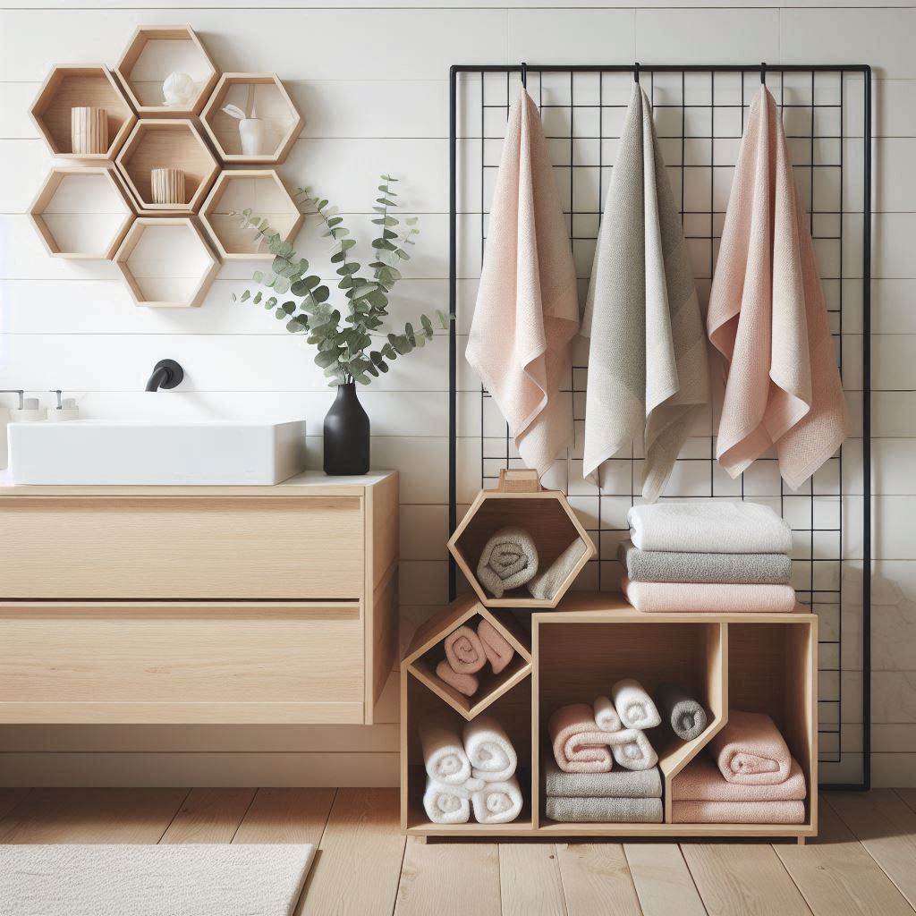A Scandinavian-inspired bathroom with light wood accents and clean white walls. Towels in soft shades of pastel pink, gray, and white are arranged on a geometric black metal towel rack, shaped like hexagons. Rolled towels are placed in a matching wooden storage crate beneath a floating vanity with white countertops. A small black vase with eucalyptus branches adds a simple touch.