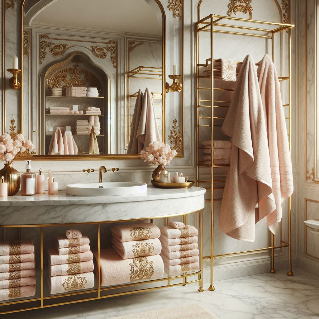 A glamorous bathroom with a large mirror, gold frame, marble countertops, soft blush pink and cream towels in an open glass cabinet with gold trim, towels draped over a gold towel bar, and folded face towels with gold-embroidered details on a marble tray.
