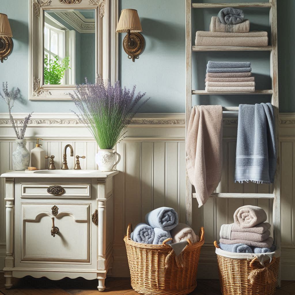 A French country-style bathroom with light blue walls, white wainscoting, and vintage wall sconces. Towels in soft pastel tones are draped casually over a rustic whitewashed ladder leaning against the wall. Below the ladder, wicker baskets hold additional rolled towels. A vintage washstand with brass fixtures features folded hand towels alongside fresh lavender in a porcelain vase.