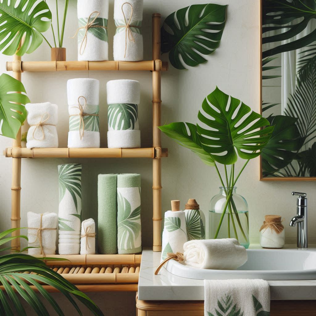 A tropical-themed bathroom with bamboo accents and large leafy plants. White and pale green towels are rolled and placed on a bamboo shelf. A matching bamboo ladder leans against the wall, holding lightweight towels with tropical leaf patterns. The vanity features rolled washcloths tied with twine, set beside a glass jar filled with fresh palm leaves.