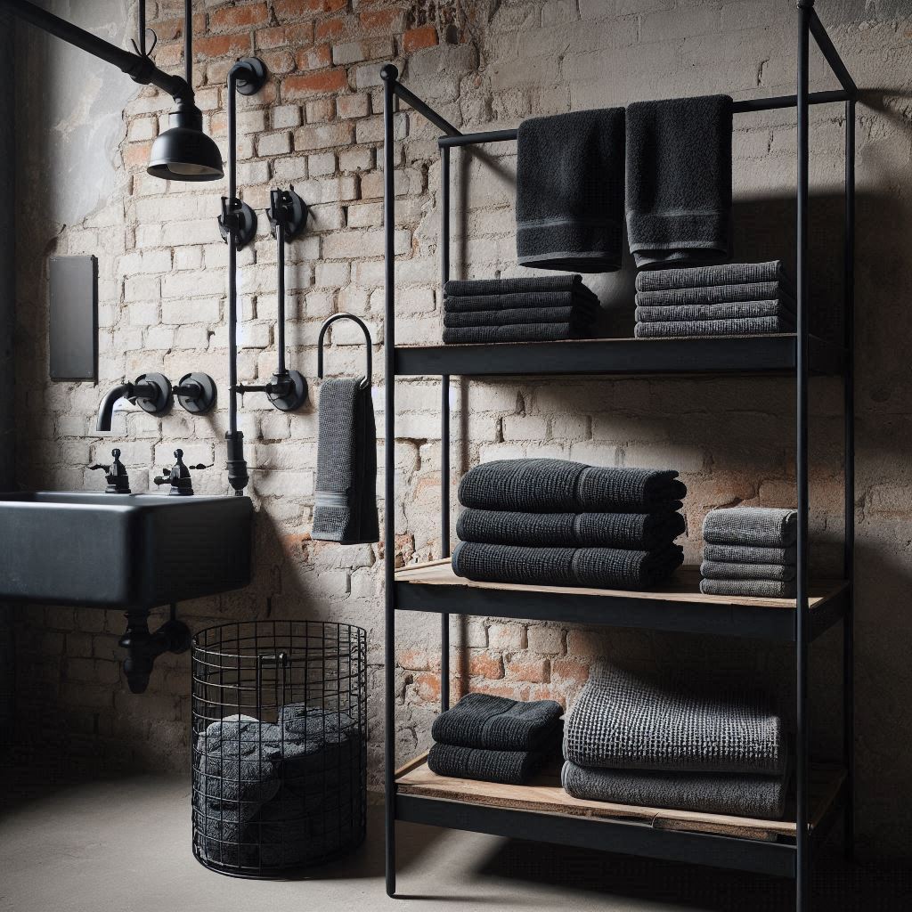 An industrial loft bathroom with exposed brick walls and black metal fixtures. Towels in charcoal, slate, and white are folded neatly on black open shelves, made of metal and reclaimed wood. A large black hook holds a single towel with a textured waffle pattern, and below it, a wire basket filled with rolled hand towels adds to the industrial vibe.