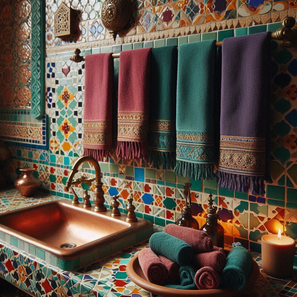 A Moroccan-inspired bathroom with vibrant mosaic tiles and a copper sink. Towels in deep jewel tones—emerald, sapphire, and ruby—are hung on a copper towel rack with intricate carvings. Small rolled towels with embroidered edges are placed in a ceramic dish on the sink, surrounded by small, scented oil bottles and a lit candle.