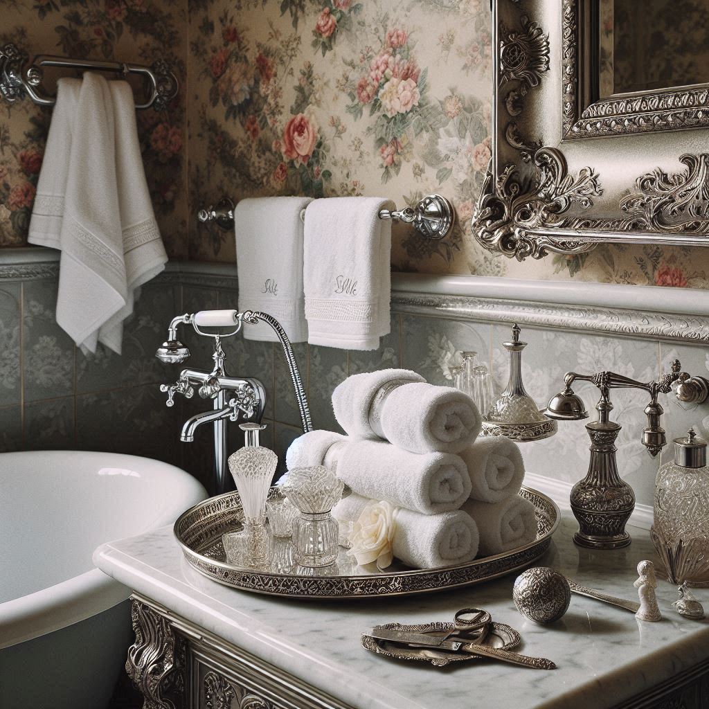 A vintage chic bathroom with a clawfoot tub, floral wallpaper, and antique silver fixtures. Towels in classic white are hung on a vintage-style towel bar with ornate silver detailing. On the marble-topped vanity, hand towels are folded into classic rolls and placed on a silver tray, accompanied by a small crystal perfume bottle and a vintage pocket watch.