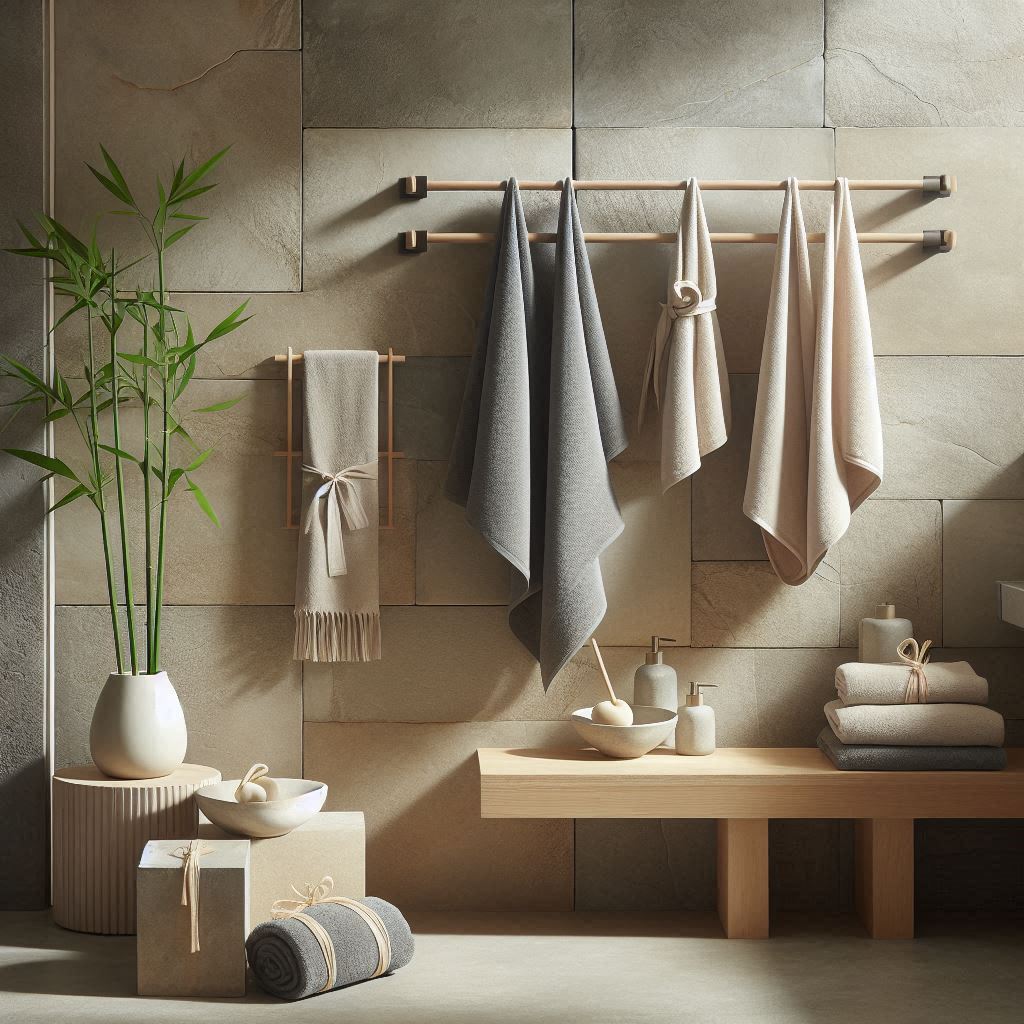 A modern zen-inspired bathroom with natural stone walls and minimalist decor. Towels in shades of soft gray and beige are draped over a simple wooden towel bar. A stack of towels, tied with natural linen ribbons, sits atop a stone bench. Nearby, a bamboo plant in a minimalist vase enhances the calm atmosphere.