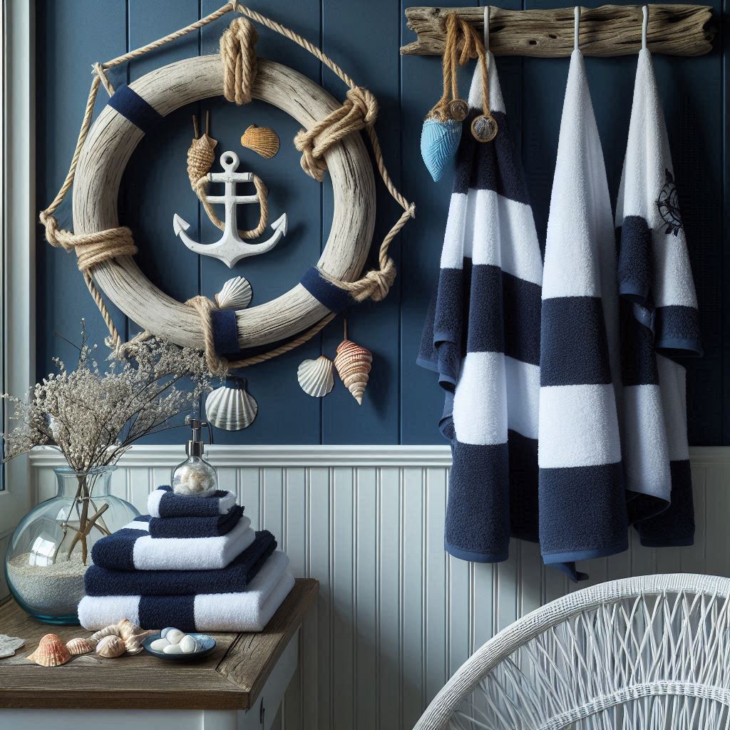 A nautical-themed bathroom with navy blue walls and white accents. Towels in navy and white stripes are neatly folded and placed on a driftwood towel rack attached to the wall. Another set of towels is tied with rope and set on a white wicker chair beside a glass vase filled with seashells and sand. A lifebuoy decor piece hangs on the wall, completing the nautical look.