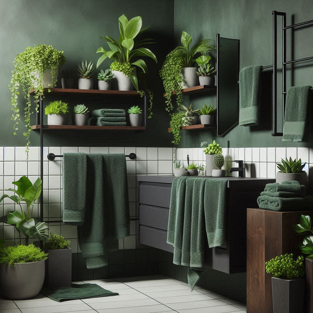 An urban jungle-inspired bathroom with dark green accent walls and white tile floors. Green towels are folded and placed on dark wood shelves alongside small potted plants, including succulents and trailing ivy. A sleek black towel rack holds neatly draped towels, and a small stone planter on the vanity contains rolled washcloths and a miniature fern.