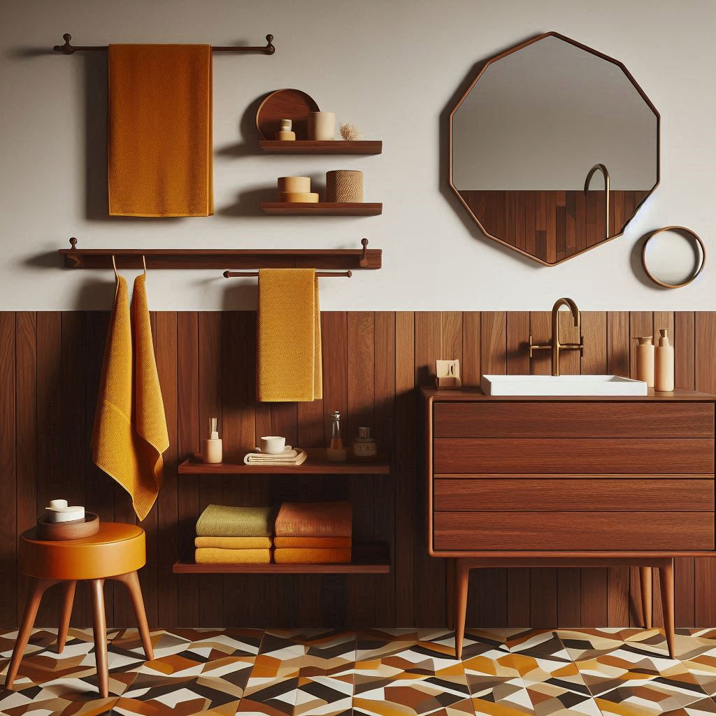 A mid-century modern bathroom with walnut wood cabinets, geometric-patterned floor, burnt orange and mustard yellow towels on floating walnut shelves, minimalist towel hook, retro tray with neatly stacked hand towels, and a vintage brass mirror.