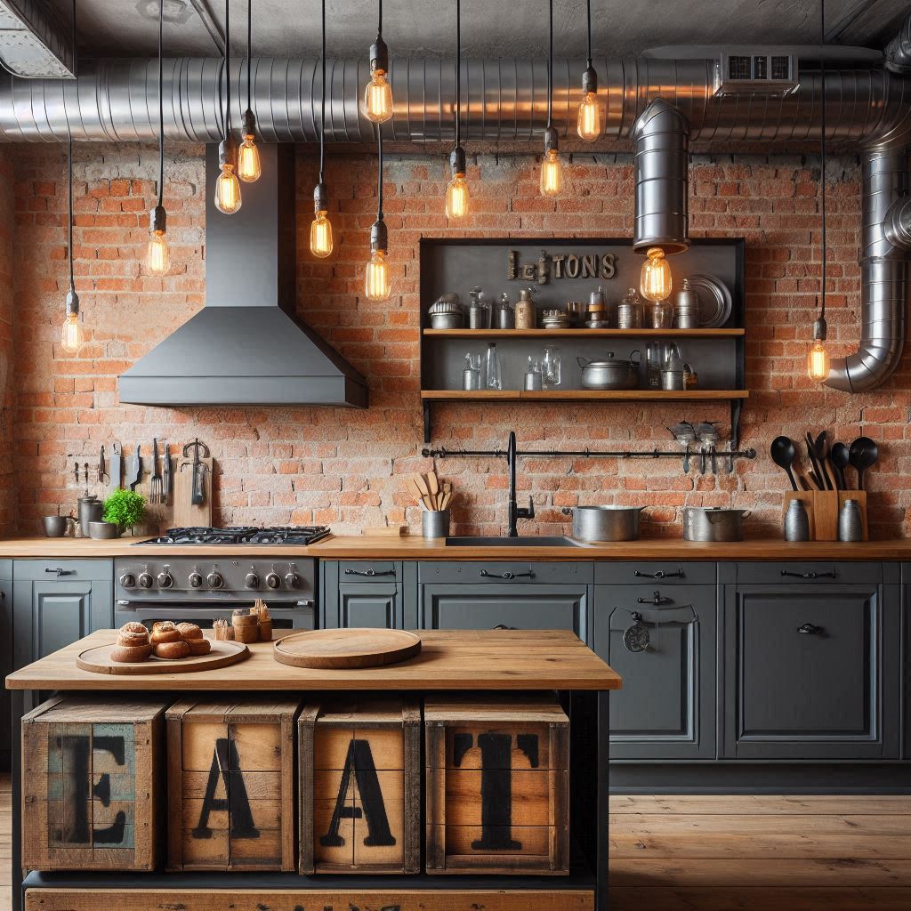 A kitchen with exposed brick walls, dark gray cabinetry, and wooden countertops. The soffit area has industrial-style metal pipes with Edison bulbs hanging down, and vintage crates with stenciled letters serve as decorative storage. A large metallic Eat sign hangs above the cabinets.