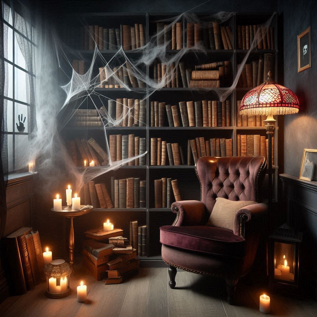 A small corner setup as a spooky library reading nook. Dark bookshelves filled with worn-out books and an old-fashioned armchair with deep red upholstery. A floor lamp with a stained-glass shade, casting a soft yellow light. Cobwebs connecting book spines, and a ghostly handprint on a foggy window. Add some flickering, enchanted-looking candles on a side table.