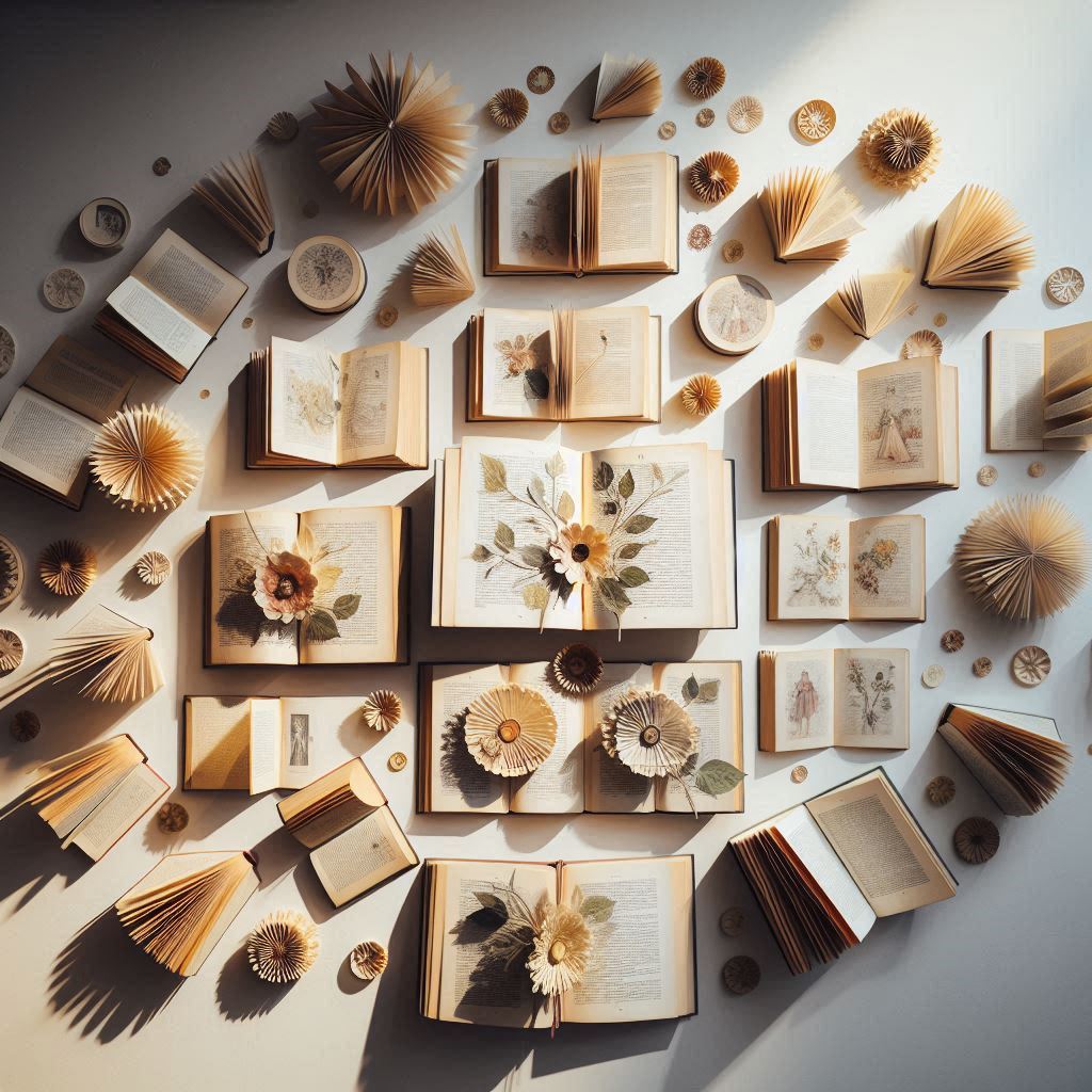 A wall decorated with open books, their pages spread out to create a visual art piece. Some pages have elegant illustrations or pressed flowers between them. The books are arranged in a way that forms a circular pattern on a white wall, with soft shadows adding dimension. Include a hint of golden light shining on the pages for a magical effect.