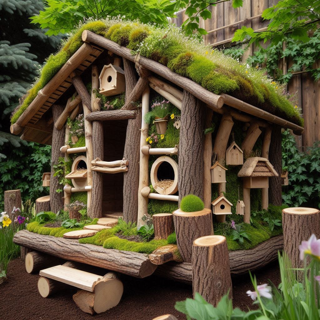 A nature-themed chicken coop made from natural wood, blending seamlessly with the surroundings. It features a living green roof with wildflowers growing on top and ivy climbing up the side. Small birdhouses hang from the trees surrounding it, and wooden stumps act as perches. Inside, the roosts are made from large branches, and the nesting boxes have soft moss bedding, creating a woodland feel.
