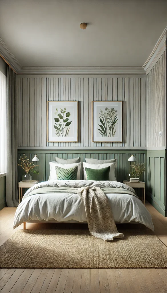 A serene bedroom with a half wall featuring vertical beadboard paneling in a muted gray-green shade on the lower half and a light cream color above. The half wall acts as a headboard, with two large framed botanical prints hanging above it. The bed has crisp white linens with green accent pillows and a knitted throw. On either side of the bed, there are small nightstands with glass table lamps. The floor is light wood, and a simple woven jute rug adds texture to the space.