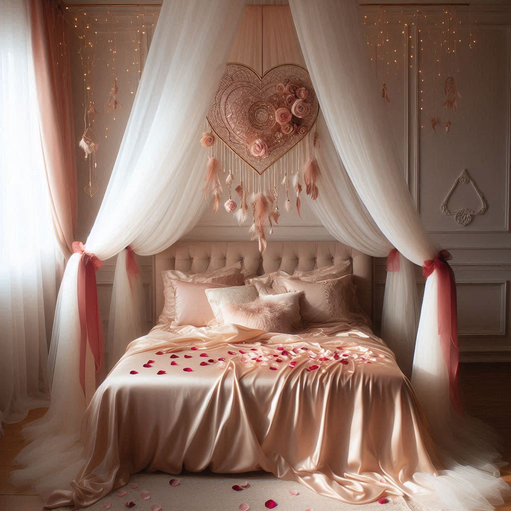 A bedroom featuring a large canopy bed with soft white curtains tied back with red ribbons. The bed is covered with silky sheets in shades of cream and blush, and there are rose petals scattered on top. Above the bed, a large pink and gold heart-shaped dreamcatcher hangs, with tiny dangling feathers and beads. The room is softly lit with fairy lights intertwined with the canopy curtains.