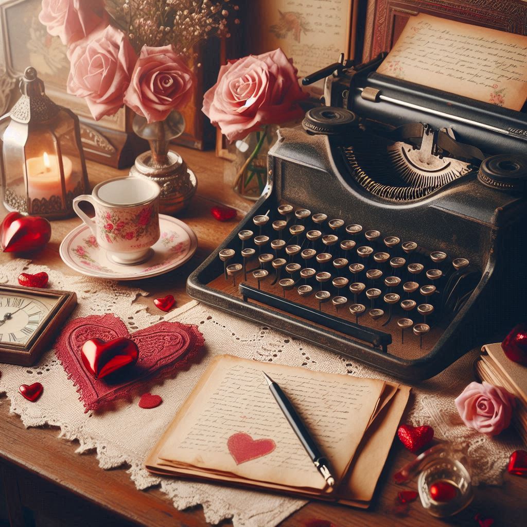 A vintage desk setup with romantic Valentines touches