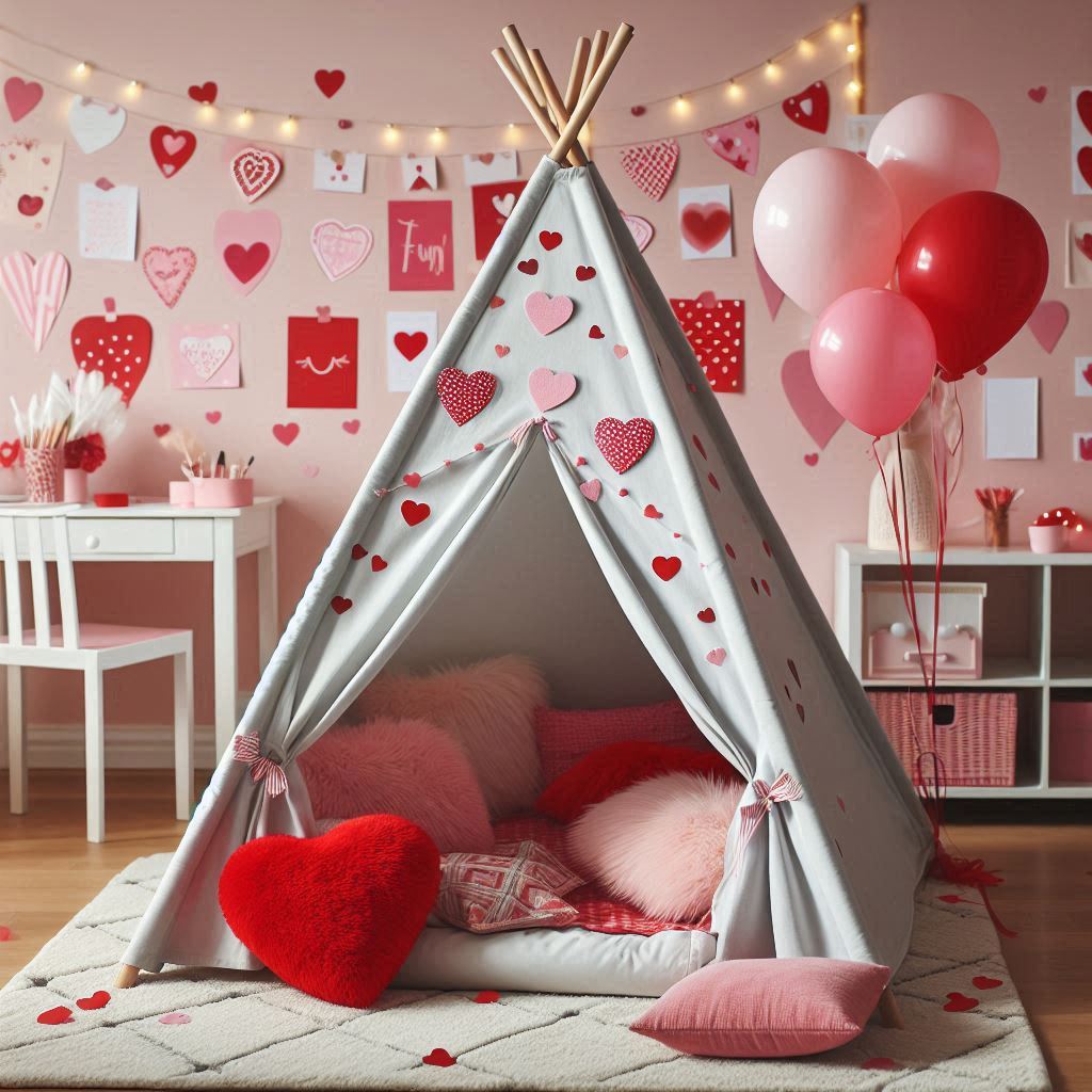 A kids playroom decorated with Valentines fun, featuring a small white teepee tent filled with red and pink pillows and blankets, heart-shaped balloons, heart-shaped stickers and garlands on the walls, a tiny craft table with supplies for making Valentines cards, and soft fairy lights.