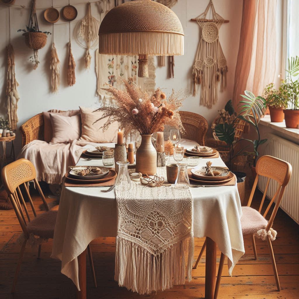 A bohemian-style dinner nook set up for a romantic Valentines meal. The table is draped with a cream-colored tablecloth and features a macrame table runner. There are mismatched ceramic plates and glass goblets with dried flower arrangements in the center. Above the table, theres a rattan pendant light, and the chairs are covered with light pink cushions. Around the room, hanging plants and tapestries add to the boho vibe.
