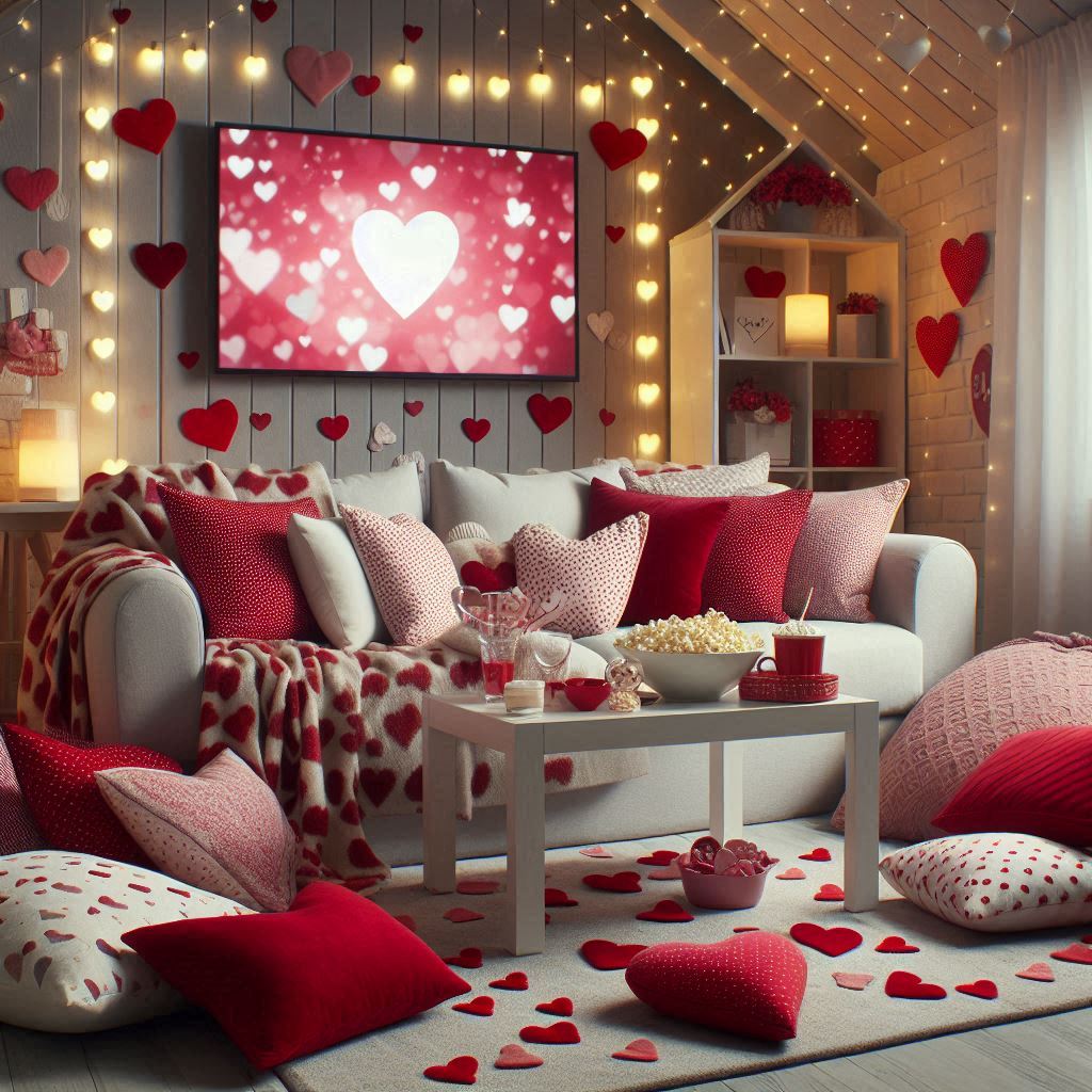 A living room designed for a cozy Valentines movie night with a large couch piled with heart-patterned blankets and pillows, a coffee table covered with snacks like heart-shaped cookies and a bowl of popcorn, a string of twinkling fairy lights above the TV, and oversized floor cushions in red and white.