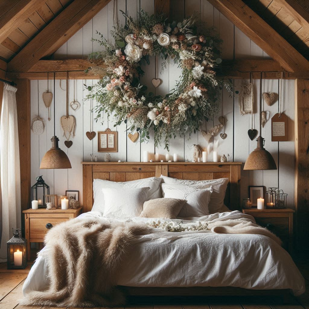 A rustic bedroom with wooden beams, a large king-sized bed with fluffy white linens, a handmade floral wreath with white and pink flowers, greenery, and small hanging hearts, nightstands with mason jar candle holders and vintage love letters, and soft natural lighting.
