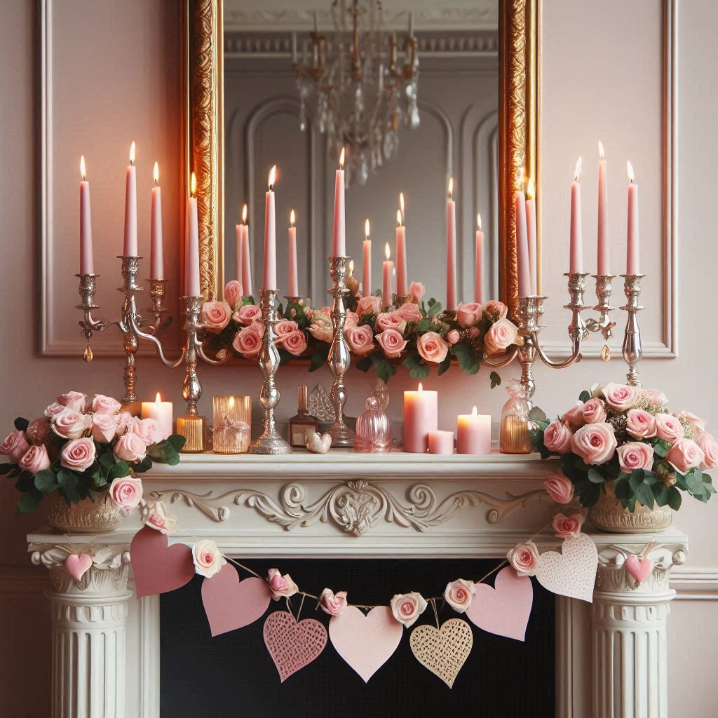 A fireplace mantel styled with an elegant and romantic Valentines theme. The mantel features tall silver candle holders with pink taper candles and a string of fresh roses intertwined around them. A gold-framed mirror hangs above the mantel, and theres a garland of paper hearts in shades of pink and gold. Small decorative items like glass heart figurines add to the elegance.