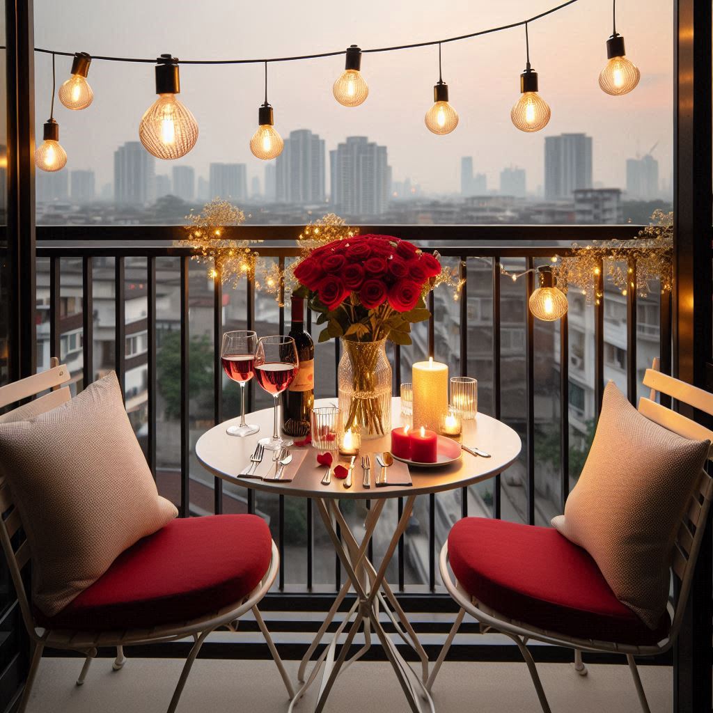 A small balcony decorated for an intimate Valentines evening with a bistro table set with two wine glasses, a bottle of wine, and a vase of red roses. The chairs have red and white cushions, and soft lantern lights are hanging above, casting a warm glow. In the background, a cityscape view can be seen.