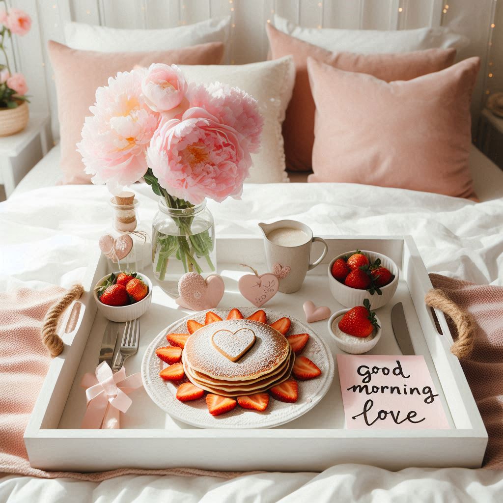 A bright and cozy bedroom scene featuring a breakfast tray with heart-shaped pancakes topped with strawberries and powdered sugar. There’s a small vase of pink peonies on the tray, along with a handwritten card that reads Good Morning, Love. The bed is styled with soft white linens and light pink pillows, and there are fairy lights strung around the headboard.