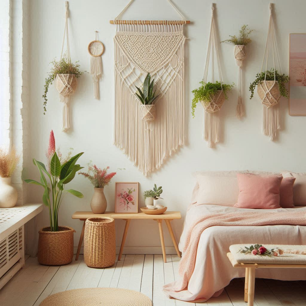 A bohemian-inspired room with a white macrame wall hanging and a bed adorned with light pink linens and rattan accents. There are hanging planters with greenery and tiny string lights interwoven into the macrame piece. On a nearby bench, theres a vase filled with wildflowers and a few red and pink accents, giving it a subtle Valentines vibe.