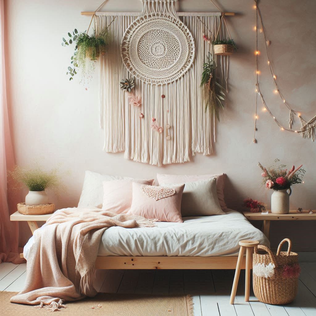 A bohemian-inspired room with a white macrame wall hanging and a bed adorned with light pink linens and rattan accents. There are hanging planters with greenery and tiny string lights interwoven into the macrame piece. On a nearby bench, theres a vase filled with wildflowers and a few red and pink accents, giving it a subtle Valentines vibe.