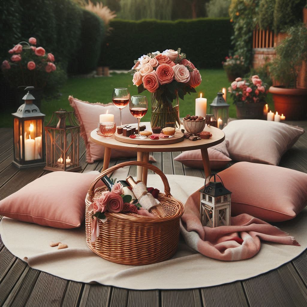 A romantic outdoor setup for a Valentines Day picnic with a large, round picnic blanket, a wicker basket filled with wine and snacks, cushions in soft pinks and reds, a low wooden table with wine glasses, chocolates, and a bouquet of roses, and lanterns with candles for a cozy evening atmosphere.
