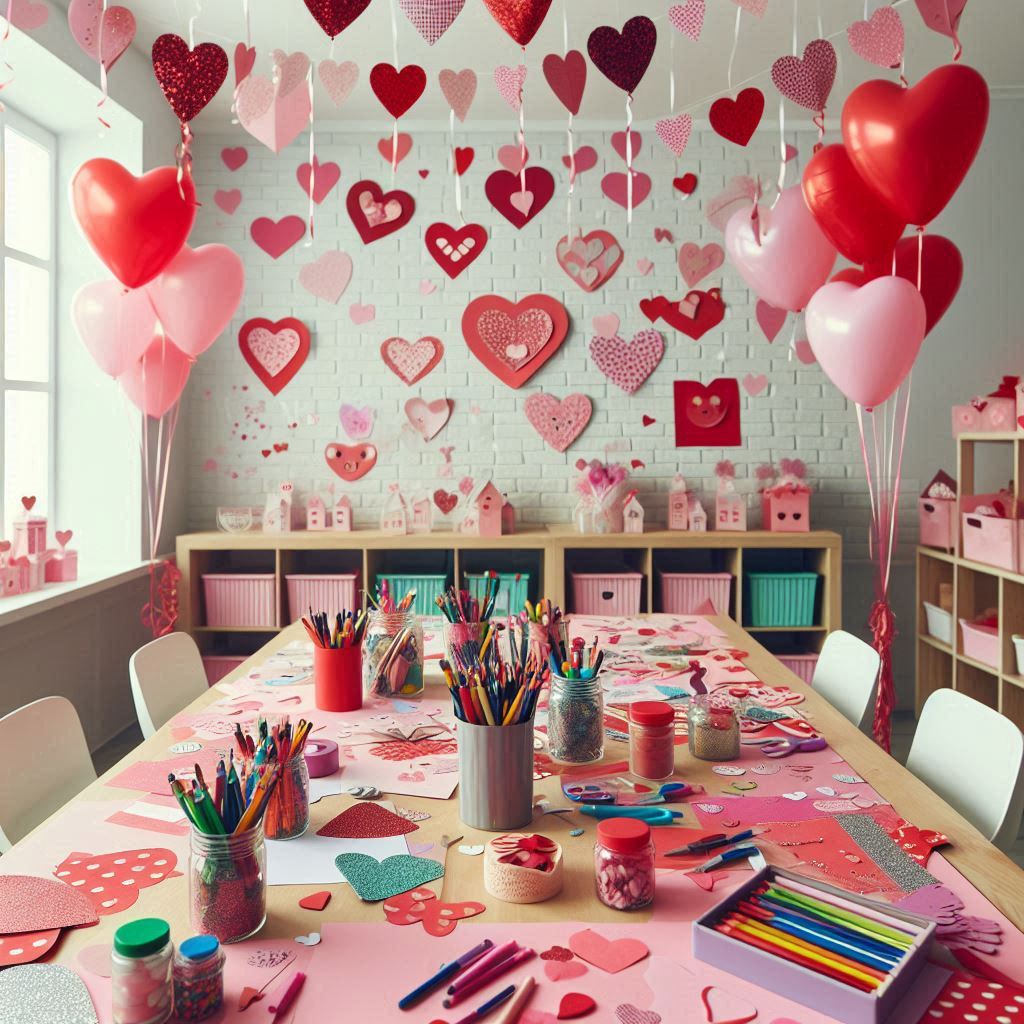 A room designed for kids to celebrate Valentines Day with fun crafts. A large table covered with red and pink papers, glitter, and stickers. Heart-shaped balloons floating around the room. Hanging paper crafts like garlands made from heart-shaped cutouts. Jars of crayons, markers, and glue sticks arranged neatly for a colorful display.