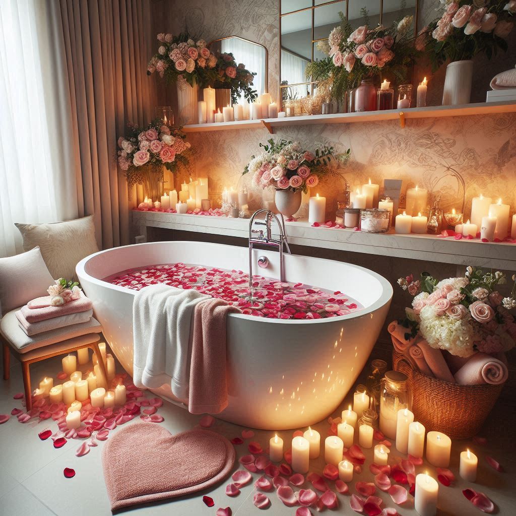 A luxurious bathroom with a large white bathtub filled with rose petals, floating candles, white and pink flowers, soft towels folded into heart shapes, and a shelf with rose-scented bath products and romantic décor pieces.
