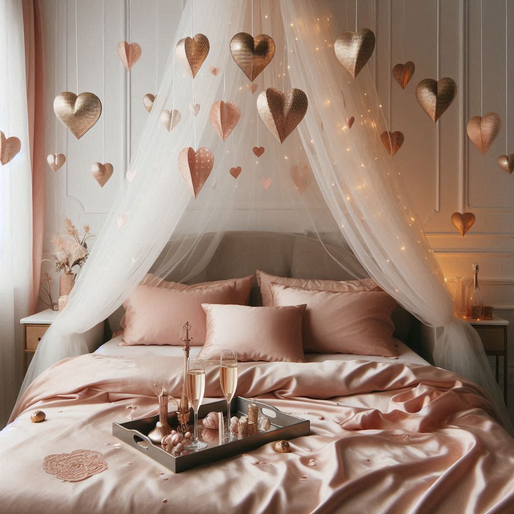 A dreamy bedroom setup featuring a bed with a sheer, flowing white canopy decorated with delicate string lights and hanging paper hearts in pink and gold. The bedding is luxurious with silk sheets in blush tones and matching throw pillows. There’s a silver tray on the bed holding a bottle of champagne and two glasses with heart-shaped chocolates.
