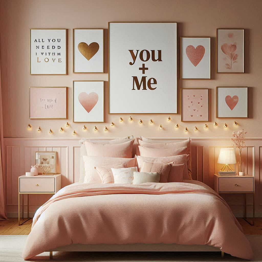 A bedroom decorated with love-themed wall art. The walls are painted in a light blush color, and above the bed is a gallery wall featuring gold-framed quotes like You + Me, All You Need Is Love, and an abstract heart print. The bedspread is light pink with white accents, and there are small gold string lights shaped like hearts hanging above the bed.